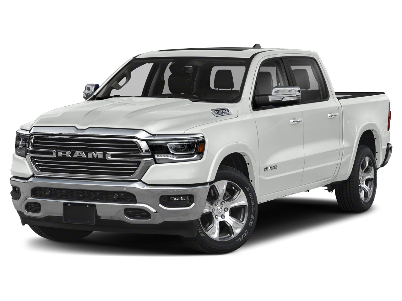 2020 RAM 1500 Laramie Crew Cab 4x4 5'7' Box in Ivory White Tri-Coat Pearlcoat — front three-quarter view